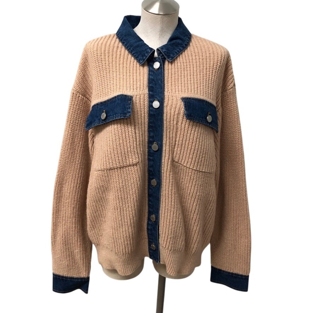 Blank NYC Playing the Field Jacket Womens Large Khaki Mixed Media Denim Trim NEW